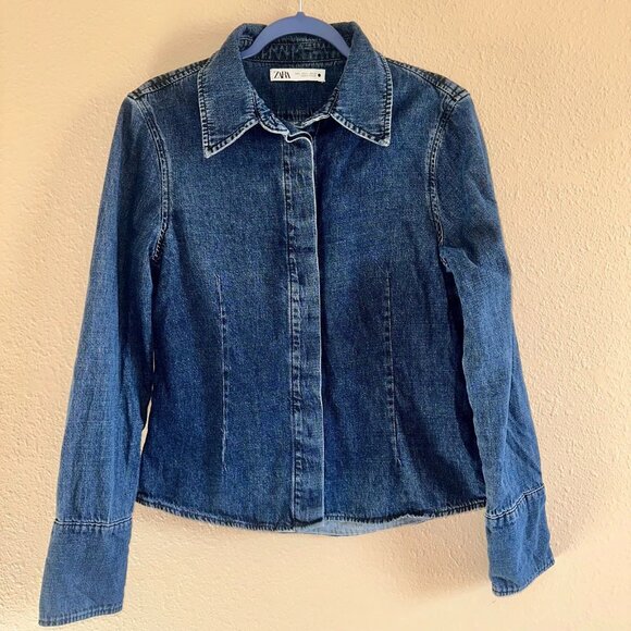 Zara Blue Denim Button Up Shirt Women's Size Large Western Coastal Cowgirl - Picture 1 of 7